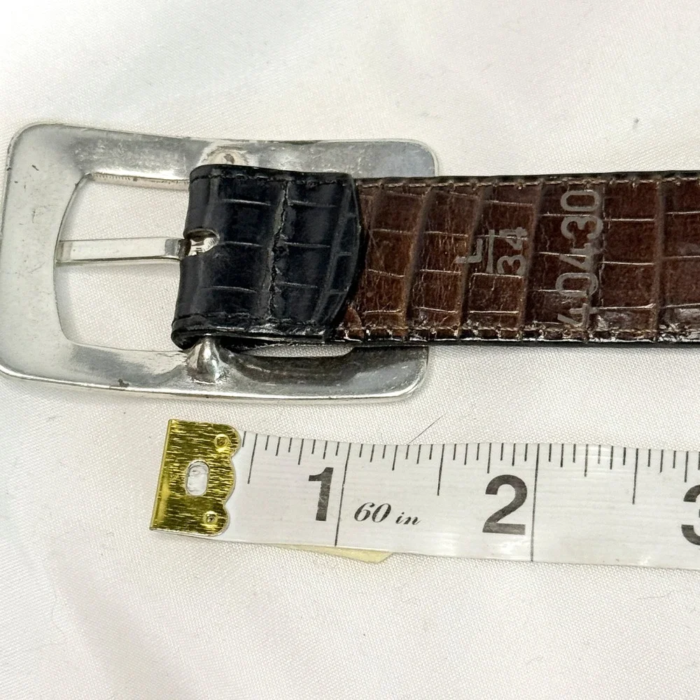 Brighton Black Croc Embossed Leather Belt Silver Scroll Buckle Size Large 30